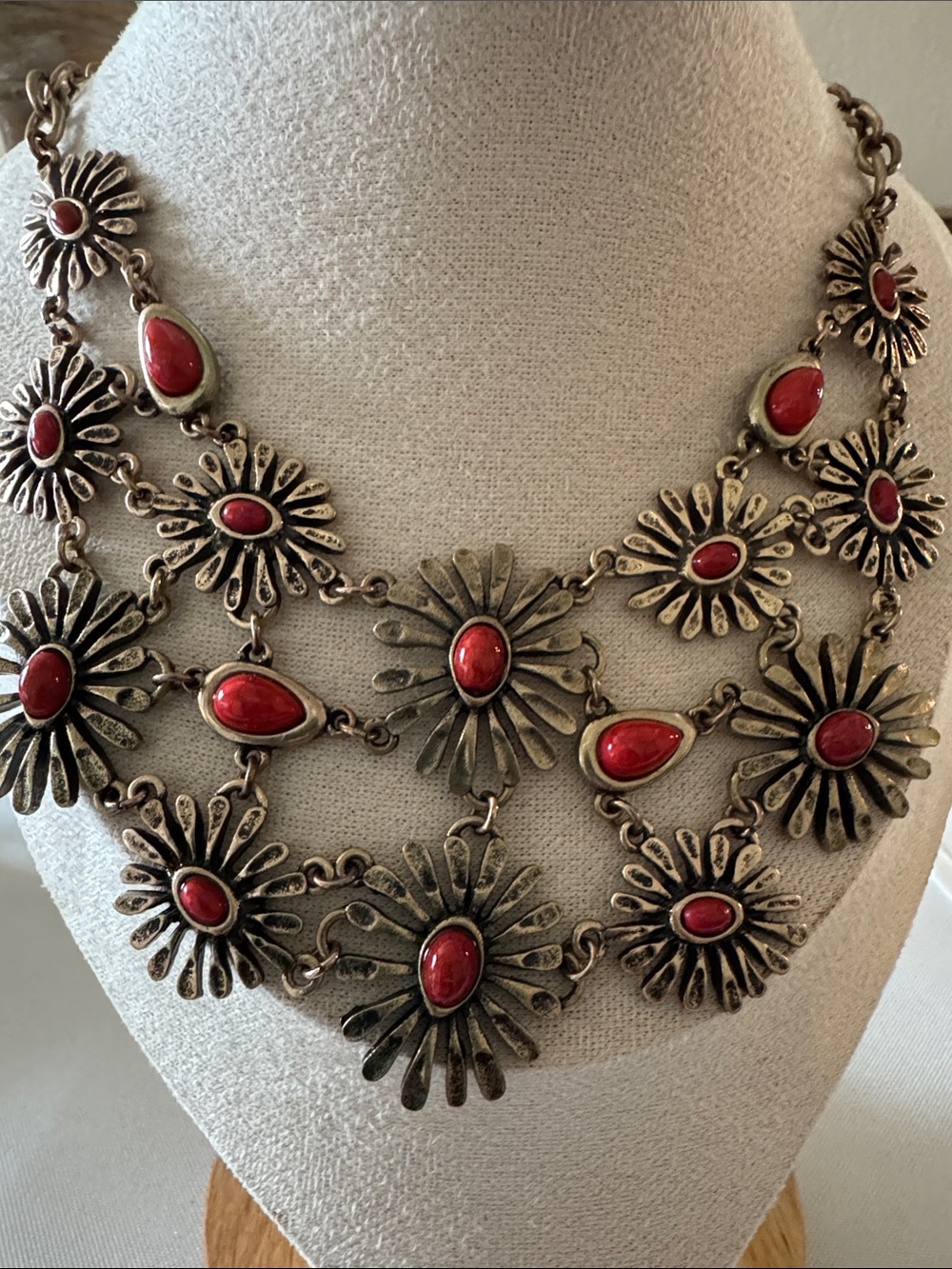 Women’s Multi-Medal Floral Statement Necklace in Coral